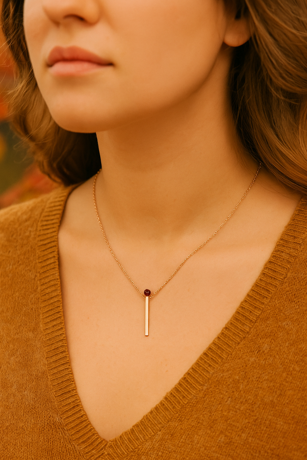 Amber Matchstick Pendant with Chain — “Modern Flame”