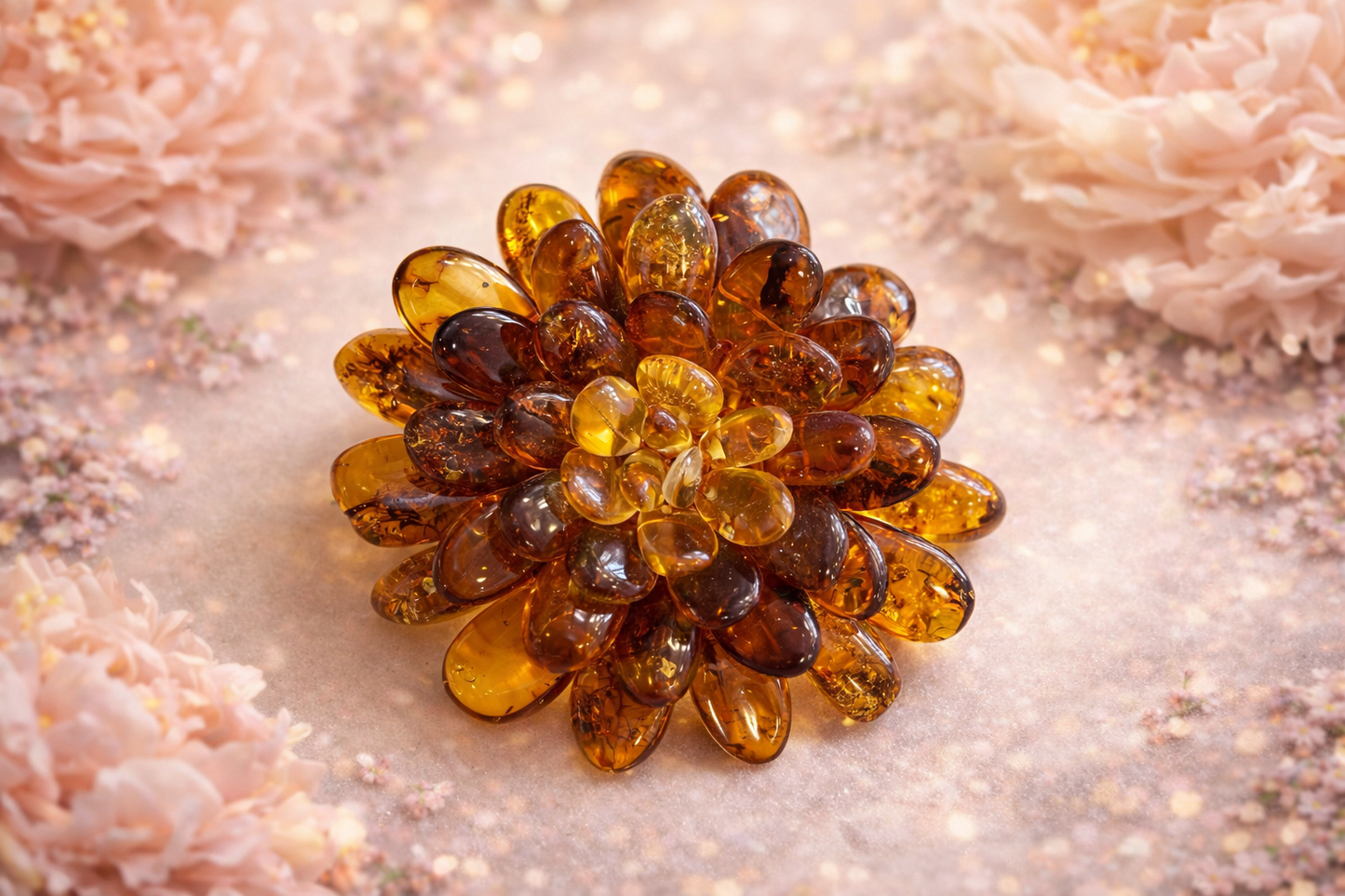 Подвеска-брошь из балтийского янтаря из коллекции «Подсолнухи»