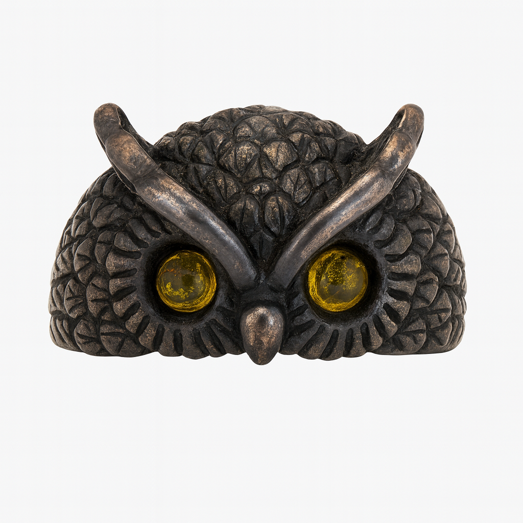 "Owl with Amber Eyes" – Sterling Silver Ring with Gold Plating