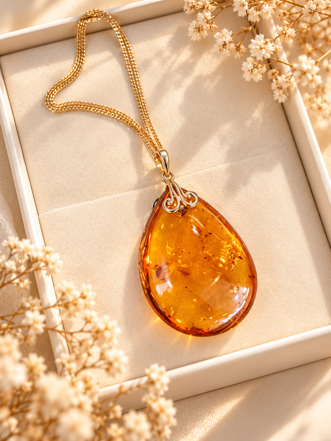 Amber Drop – Large Natural Baltic Amber Pendant with Chain