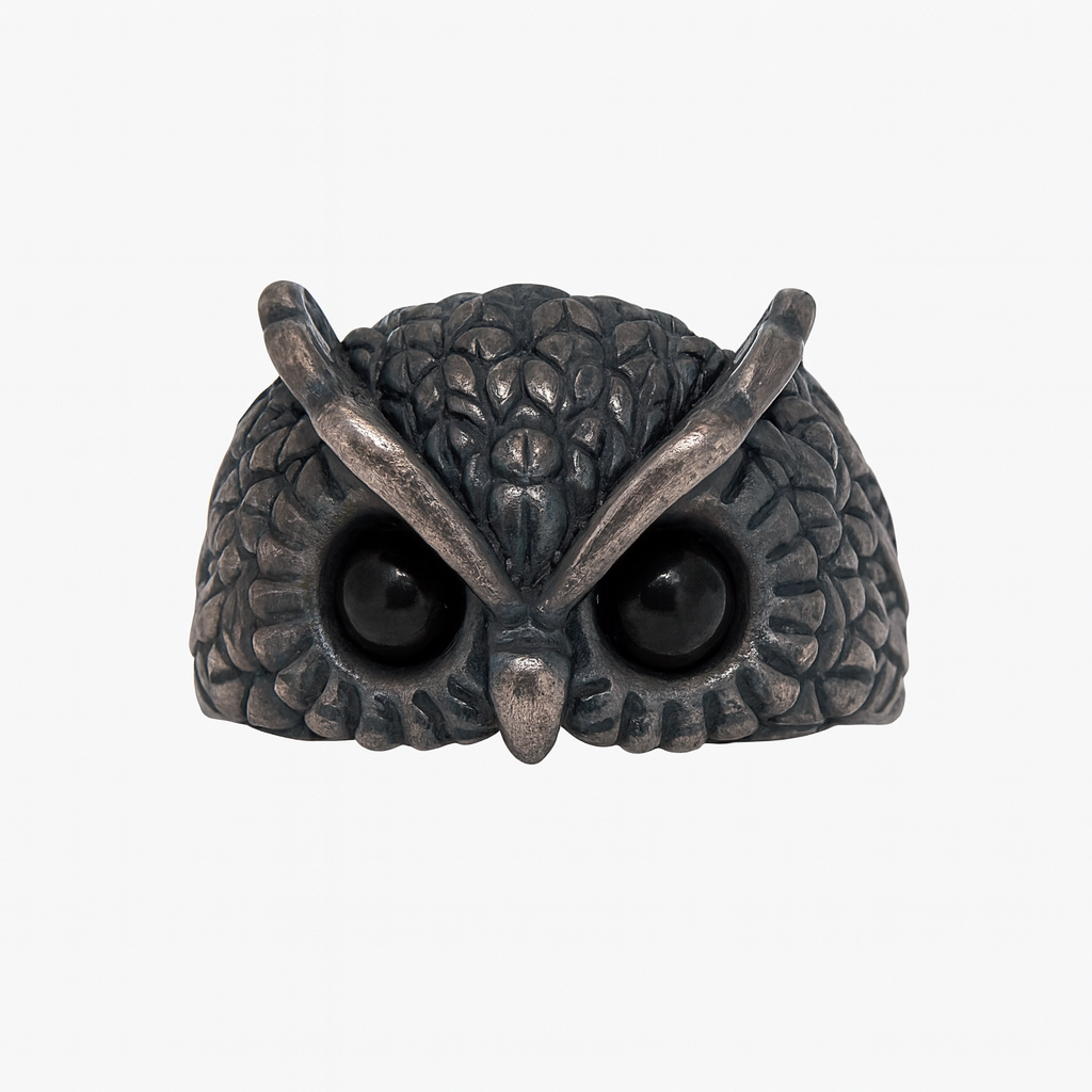"Owl with Amber Eyes" – Sterling Silver Ring with Gold Plating