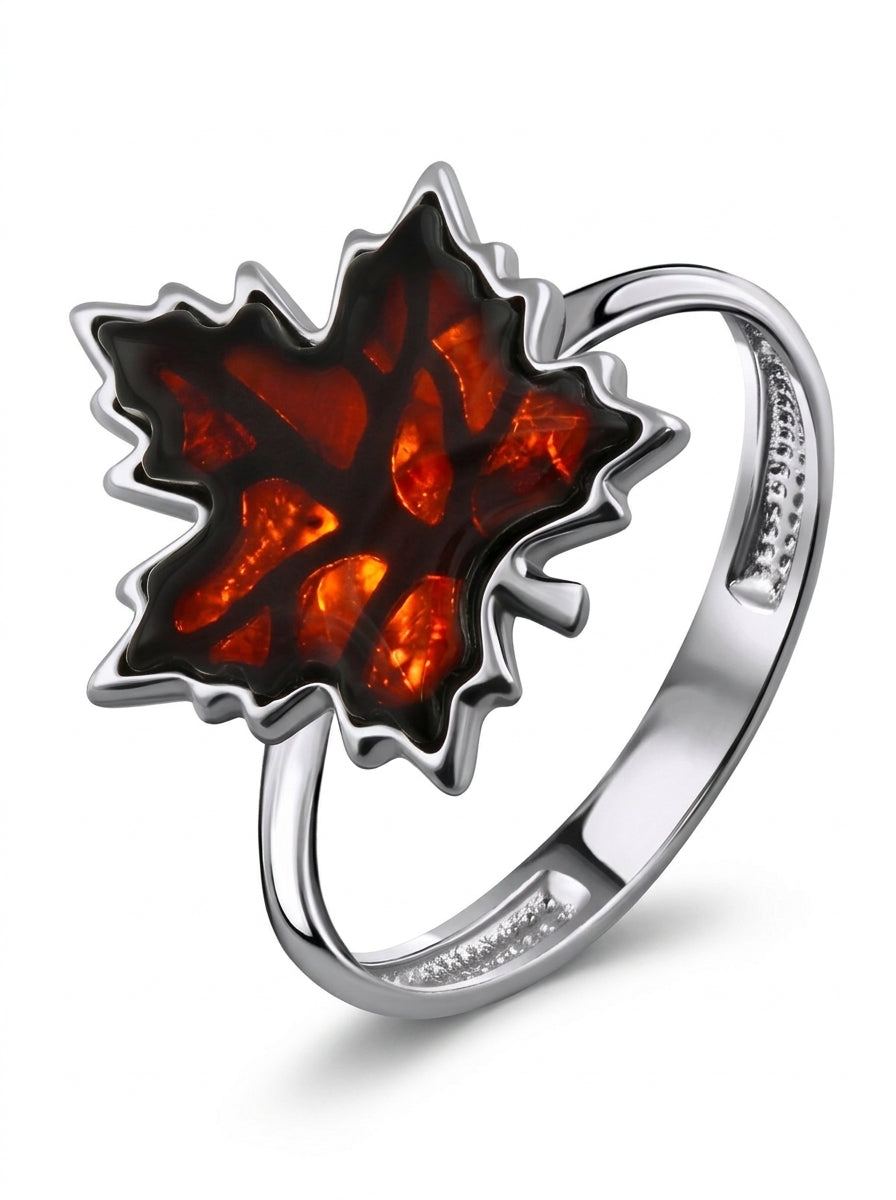 Maple Leaf Cognac Amber Silver Ring — DARVIN (Pre-Order)