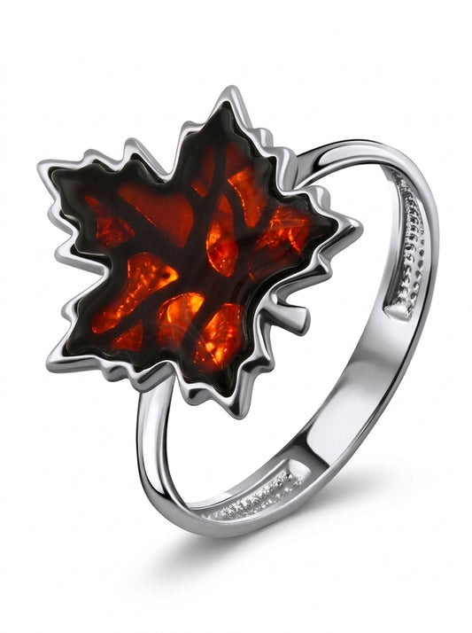Maple Leaf Cognac Amber Silver Ring — DARVIN (Pre-Order)