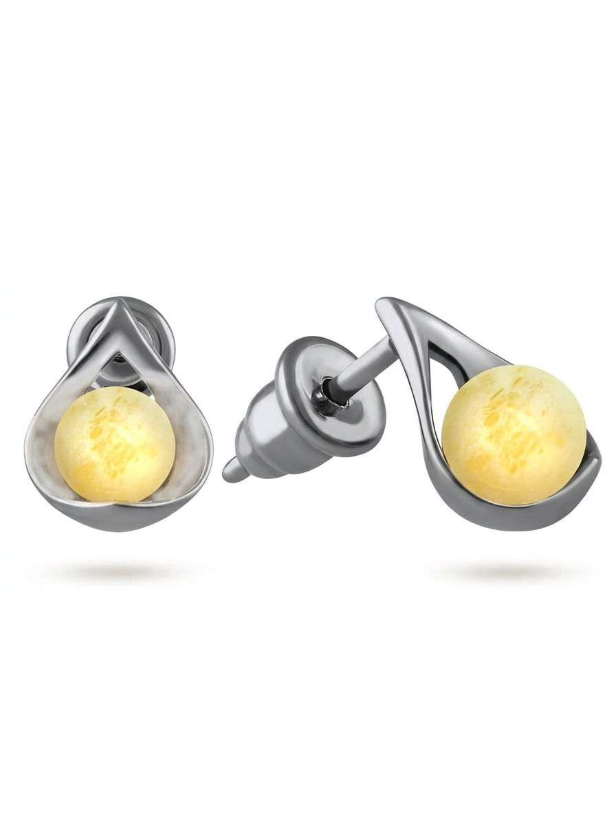 Ball White Amber Silver Stud Earrings — DARVIN (Pre-Order)