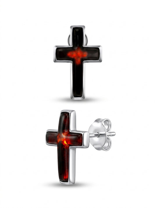 Cross Cognac Amber Silver Stud Earrings — DARVIN (Pre-Order)