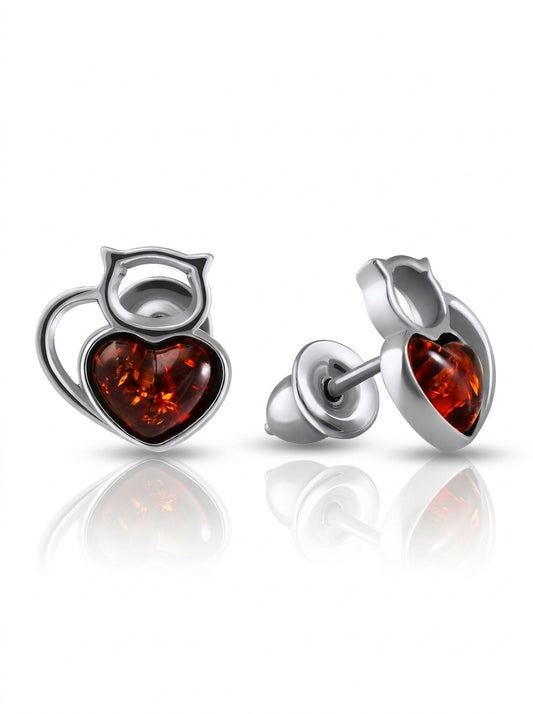 Heart Cognac Amber Silver Stud Earrings — DARVIN (Pre-Order)