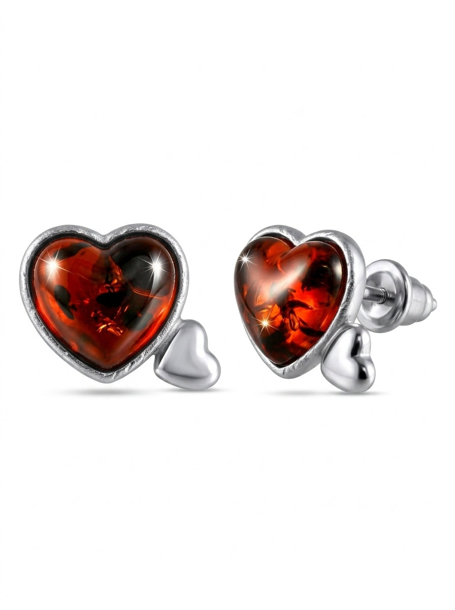 Heart Cognac Amber Silver Stud Earrings — DARVIN (Pre-Order)