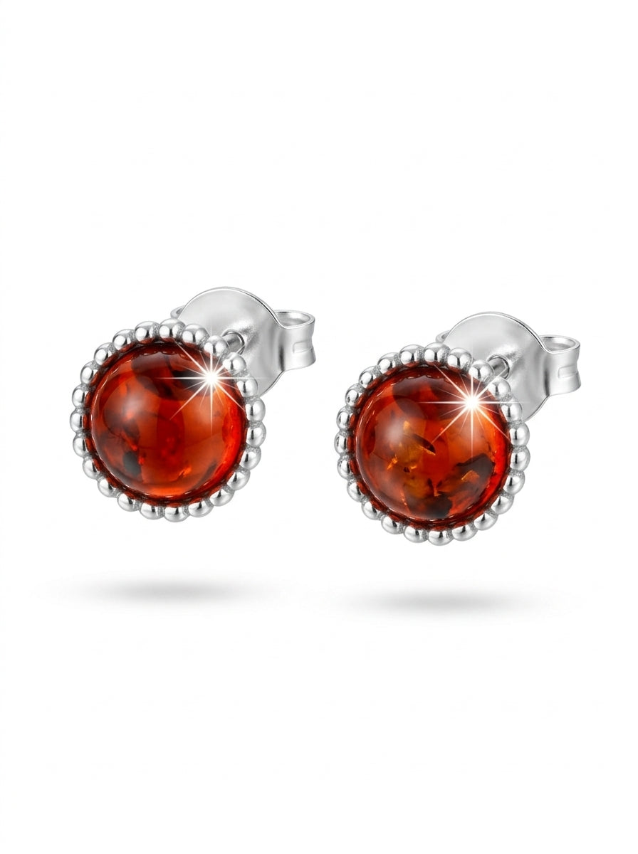 Round Cognac Amber Silver Stud Earrings — DARVIN (Pre-Order)