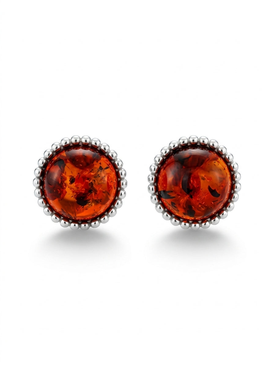 Round Cognac Amber Silver Stud Earrings — DARVIN (Pre-Order)