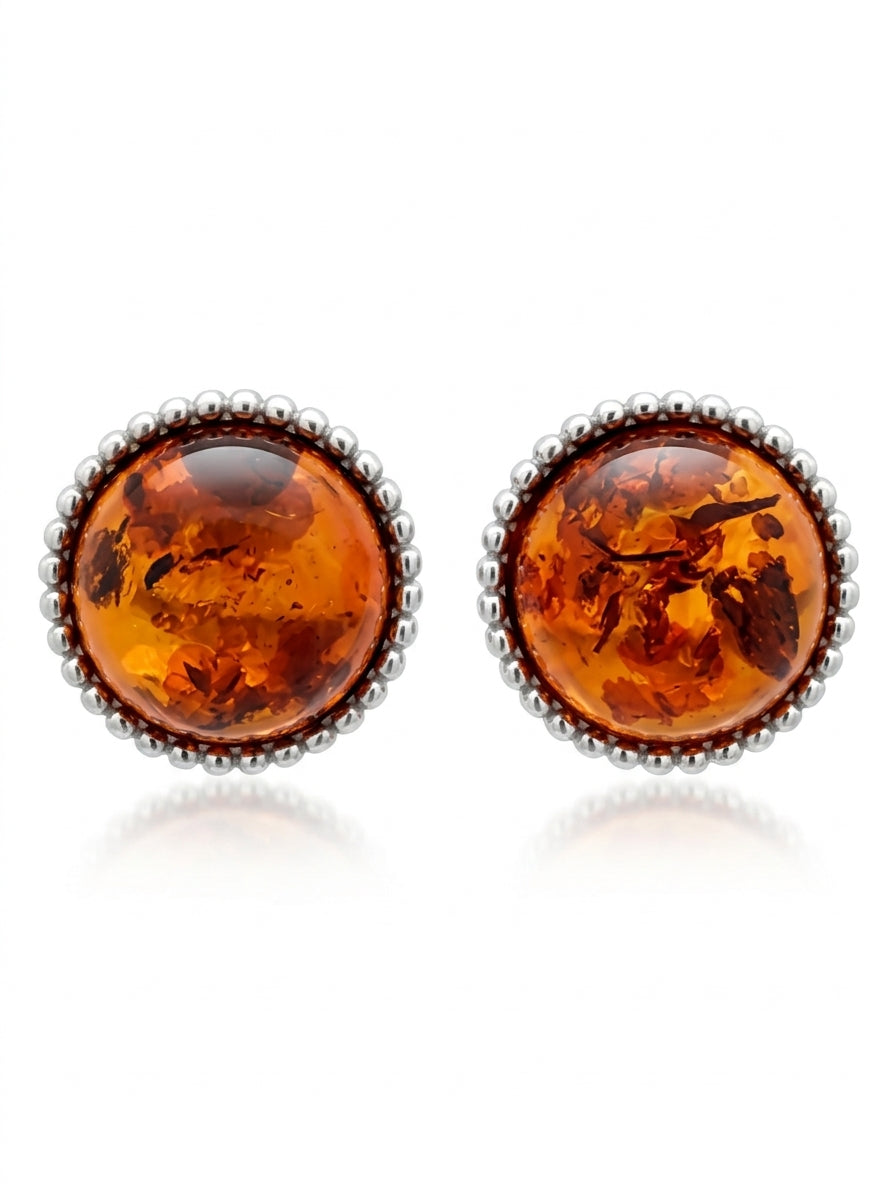 Round Cognac Amber Silver Stud Earrings — DARVIN (Pre-Order)