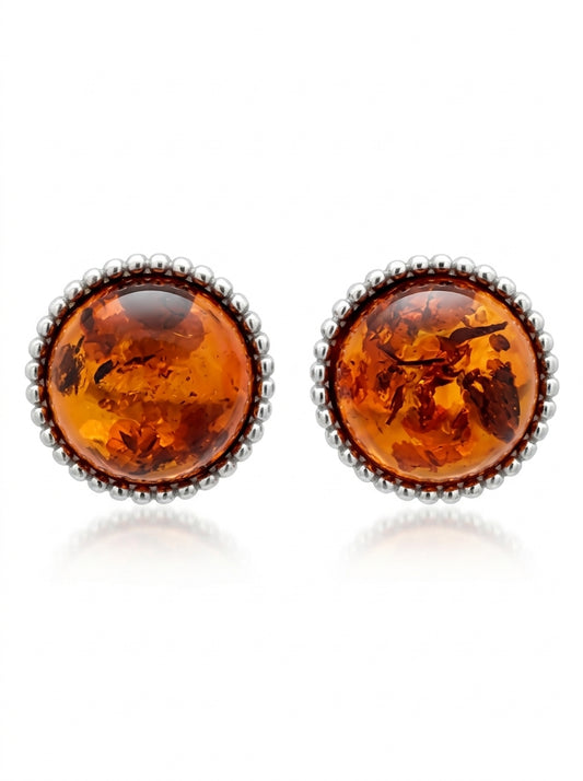 Round Cognac Amber Silver Stud Earrings — DARVIN (Pre-Order)