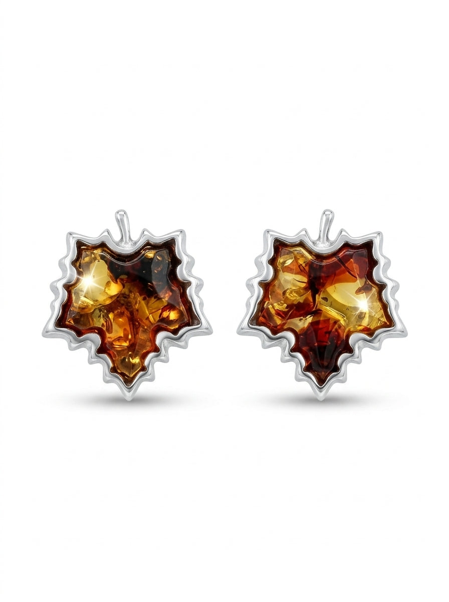 Maple Leaf Cognac Amber Silver Stud Earrings — DARVIN (Pre-Order)