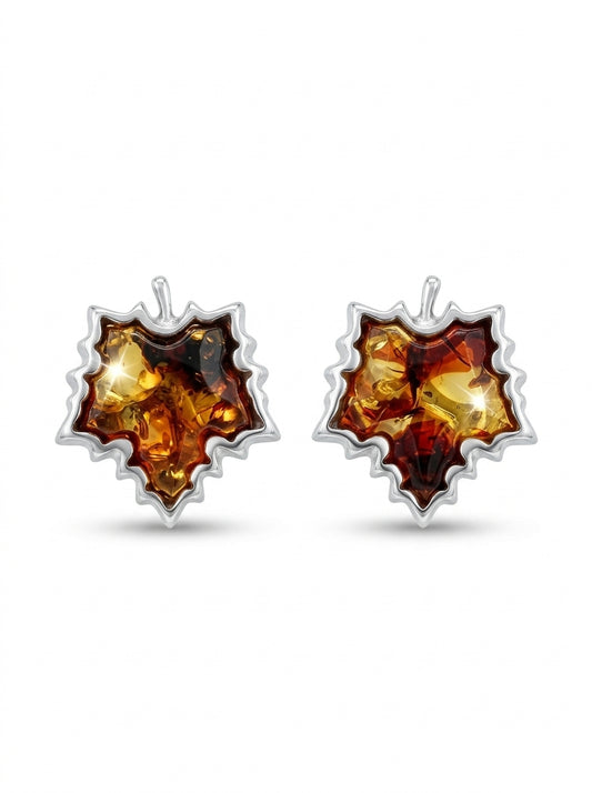 Maple Leaf Cognac Amber Silver Stud Earrings — DARVIN (Pre-Order)