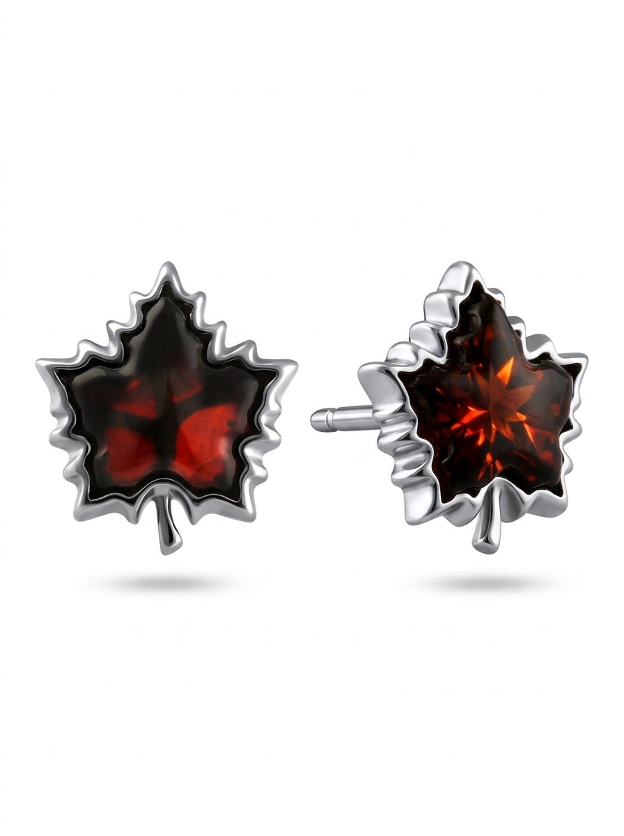 Maple Leaf Cognac Amber Silver Stud Earrings — DARVIN (Pre-Order)