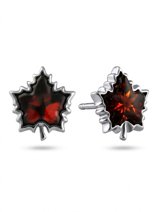 Maple Leaf Cognac Amber Silver Stud Earrings — DARVIN (Pre-Order)