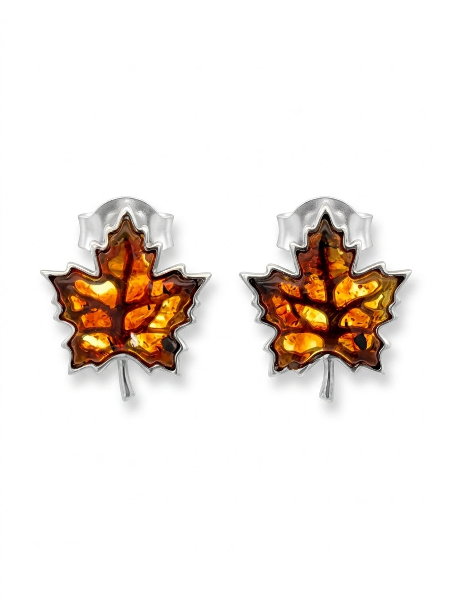 Maple Leaf Cognac Amber Silver Stud Earrings — DARVIN (Pre-Order)