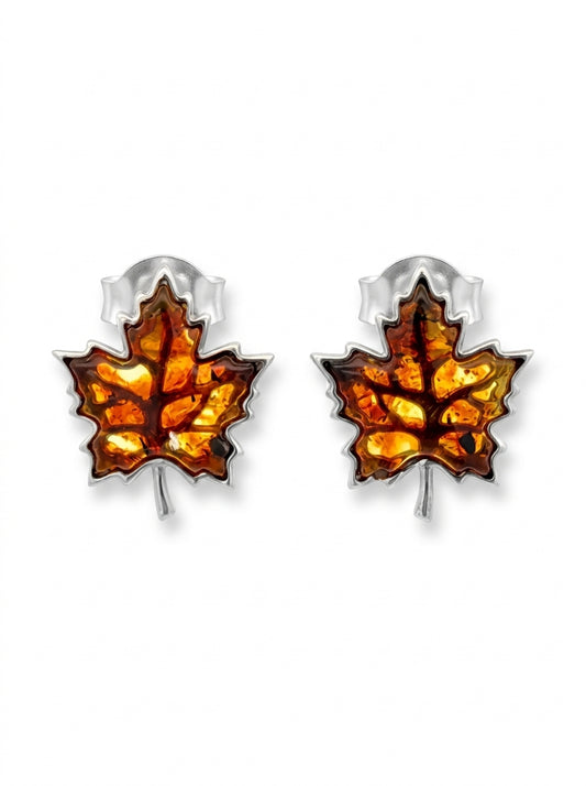 Maple Leaf Cognac Amber Silver Stud Earrings — DARVIN (Pre-Order)