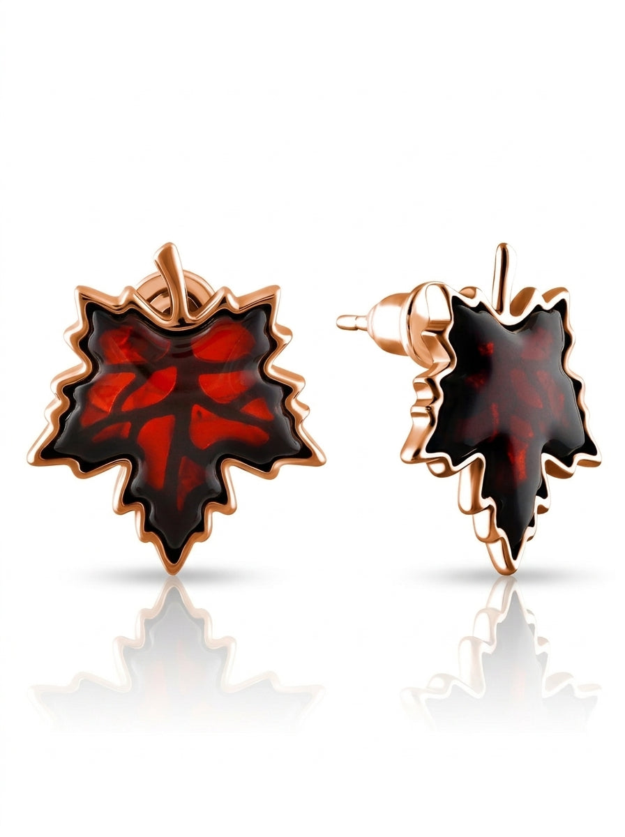 Maple Leaf Cognac Amber Silver Stud Earrings — DARVIN (Pre-Order)