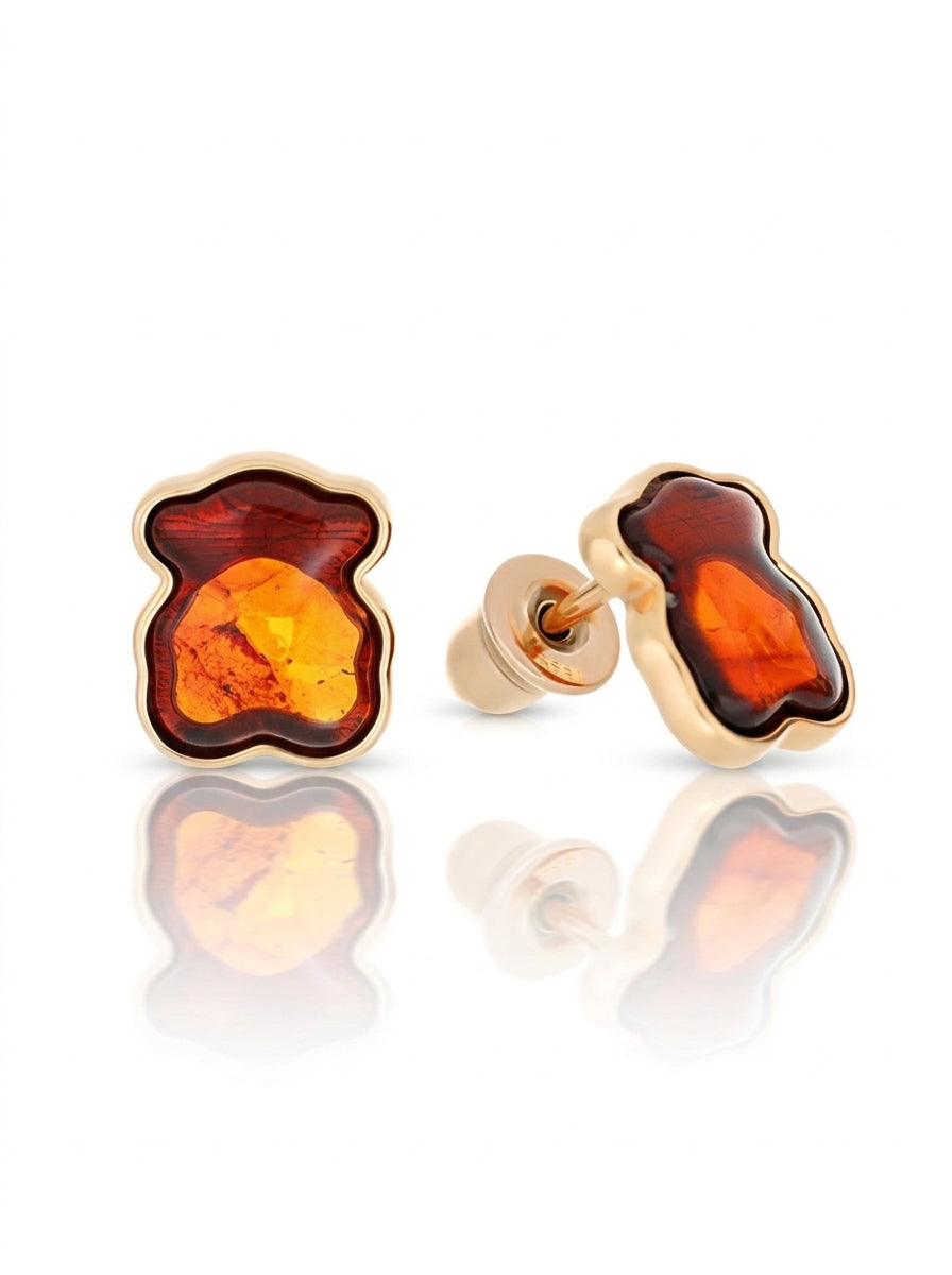Bear Cognac Amber Silver Stud Earrings — DARVIN (Pre-Order)
