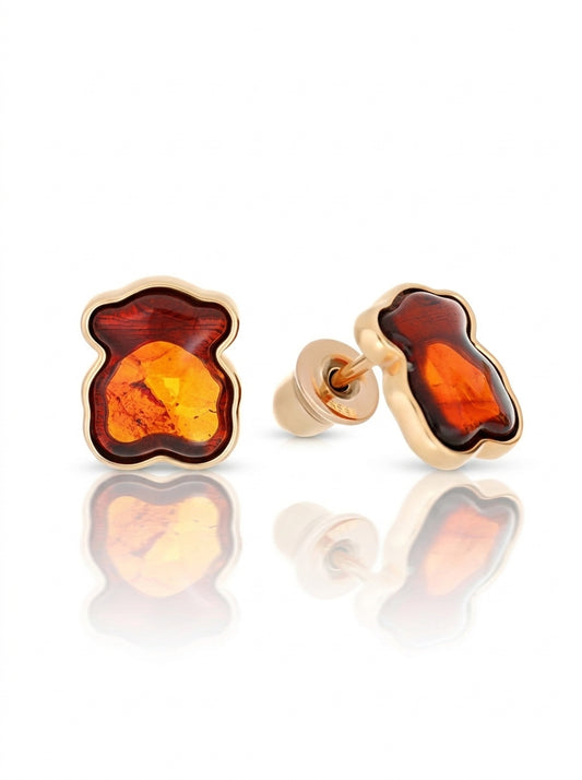 Bear Cognac Amber Silver Stud Earrings — DARVIN (Pre-Order)
