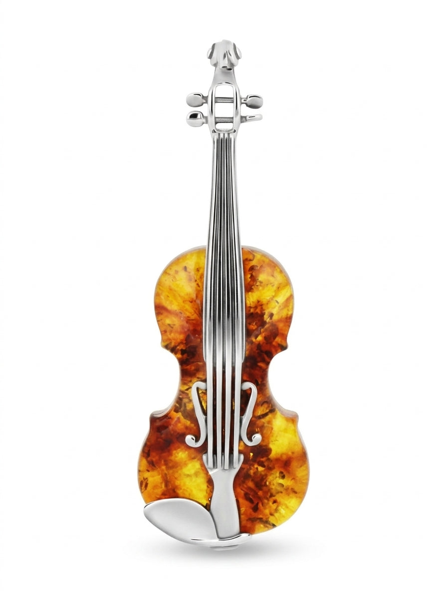 Violin Cognac Amber Silver Brooch — DARVIN (Pre-Order)