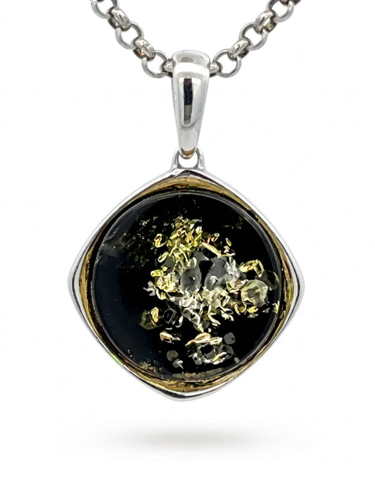 Round Green Amber Silver Pendant — DARVIN (Pre-Order)