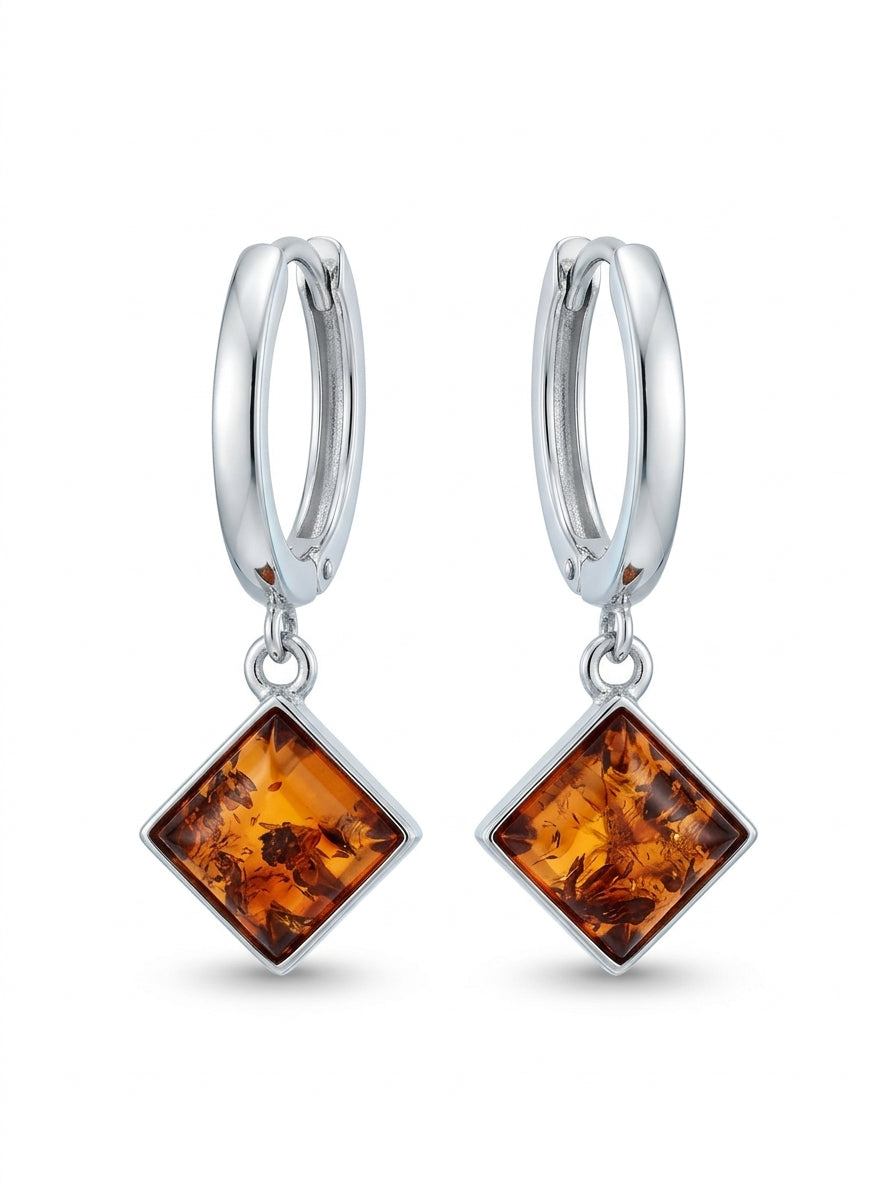 Square Cognac Amber Silver Earrings — DARVIN (Pre-Order)