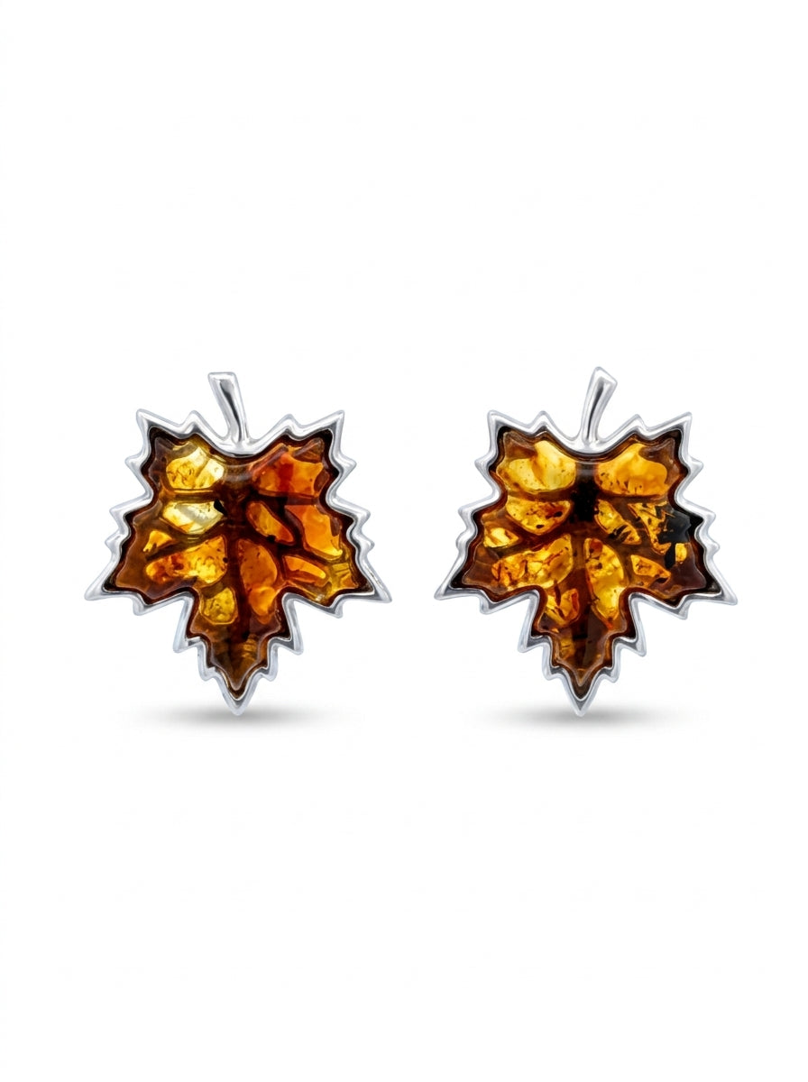 Maple Leaf Cognac Amber Silver Earrings — DARVIN (Pre-Order)