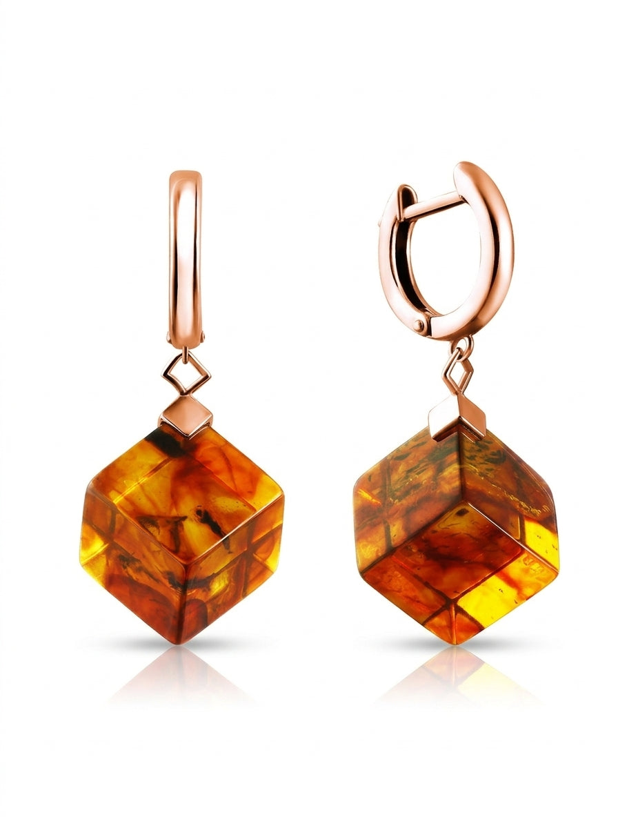 Cube Cognac Amber Silver Earrings — DARVIN (Pre-Order)