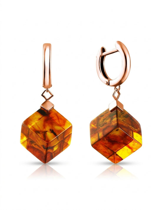 Cube Cognac Amber Silver Earrings — DARVIN (Pre-Order)