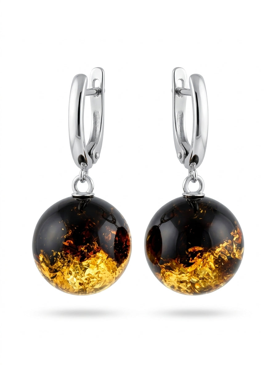 Ball Green-Black Amber Silver Earrings — DARVIN (Pre-Order)