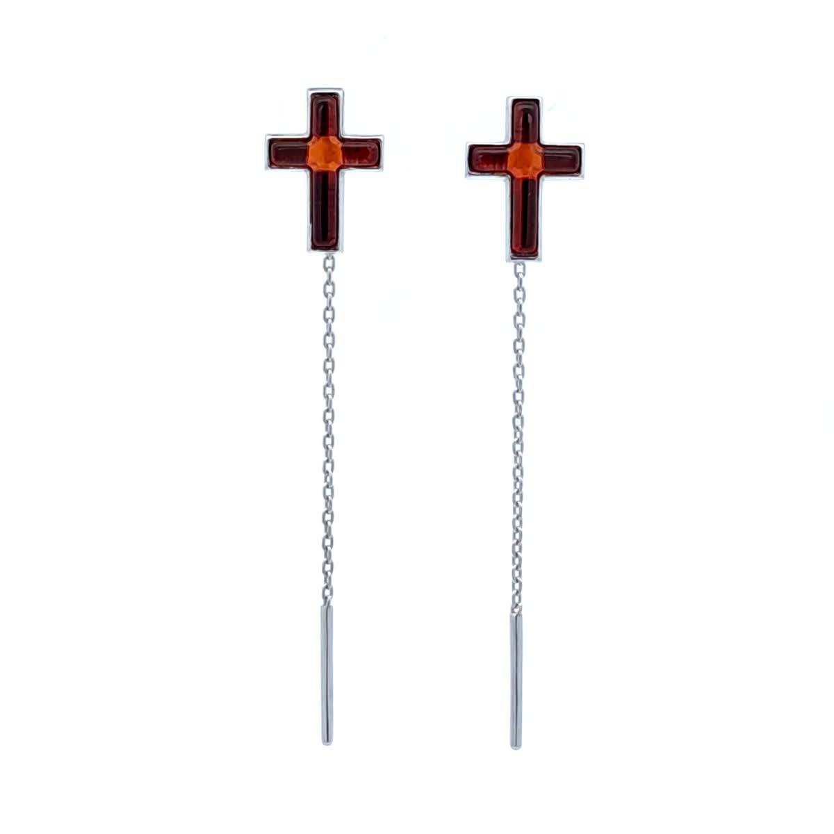 Cross Cognac Amber Silver Threader Earrings — DARVIN (Pre-Order)