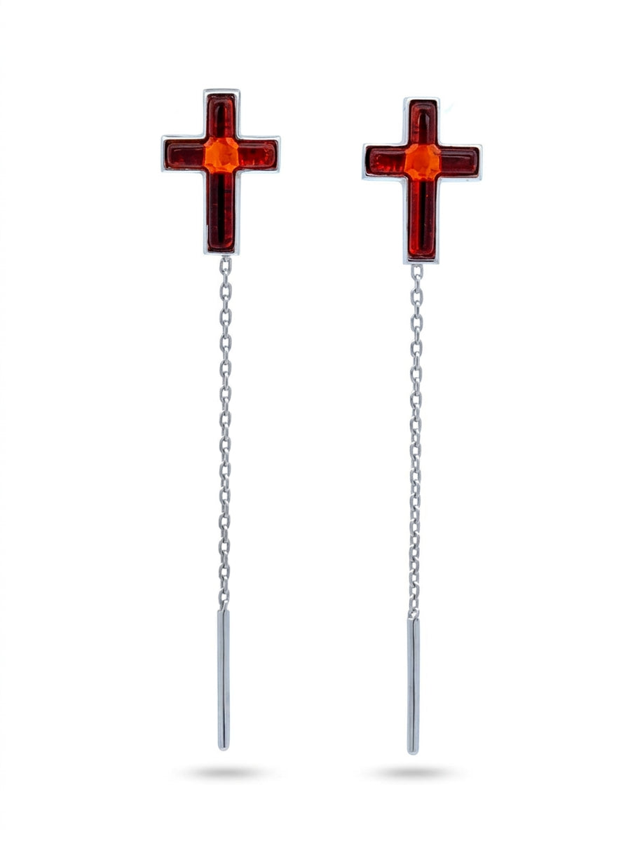 Cross Cognac Amber Silver Threader Earrings — DARVIN (Pre-Order)
