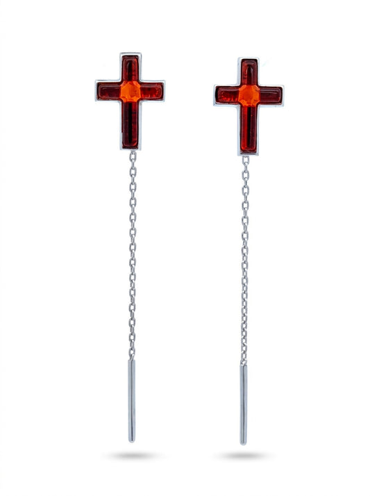 Cross Cognac Amber Silver Threader Earrings — DARVIN (Pre-Order)