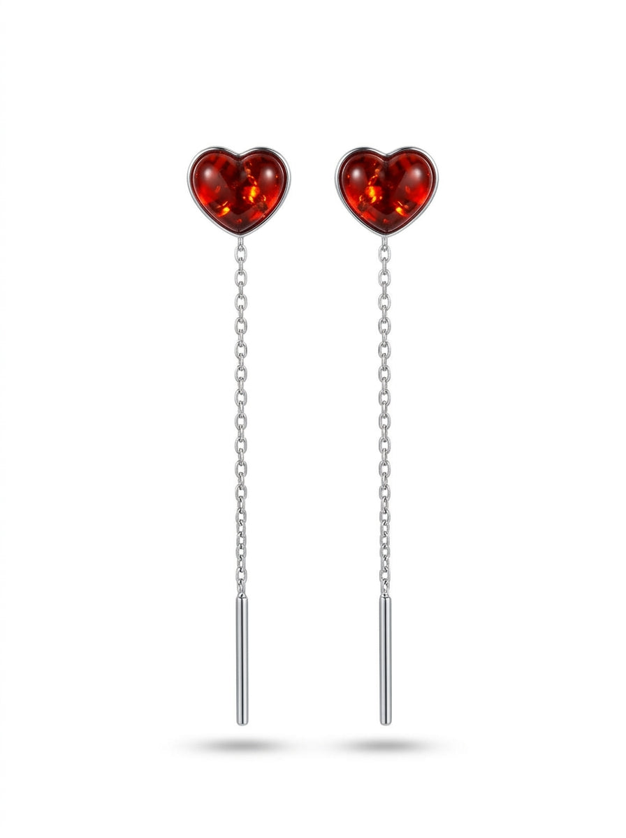 Heart Cognac Amber Silver Threader Earrings — DARVIN (Pre-Order)