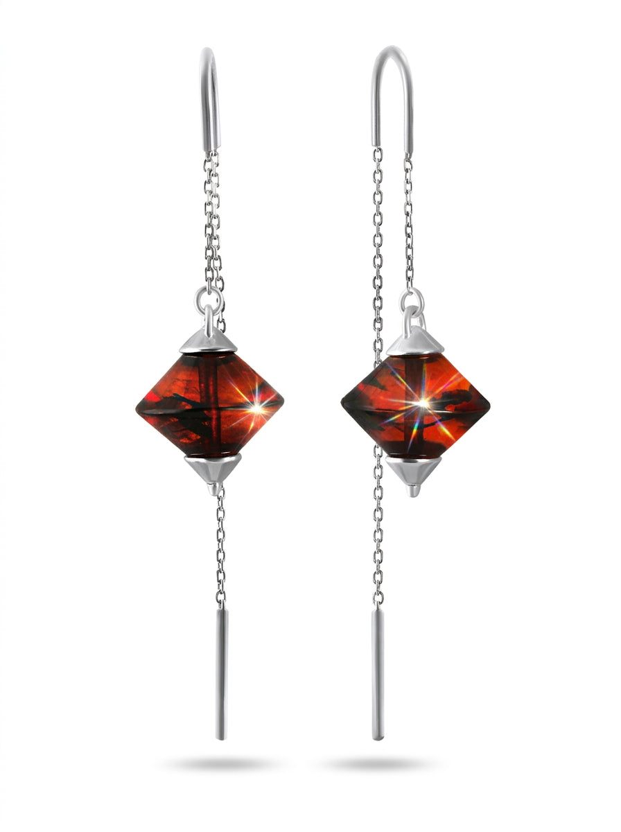 Spinning Top Cognac Amber Silver Threader Earrings — DARVIN (Pre-Order)