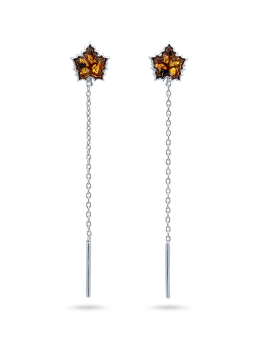 Maple Leaf Cognac Amber Silver Threader Earrings — DARVIN (Pre-Order)