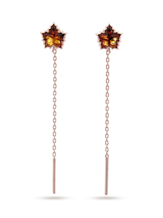 Maple Leaf Cognac Amber Silver Threader Earrings — DARVIN (Pre-Order)