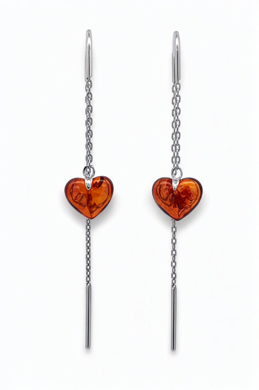 Heart Cognac Amber Silver Threader Earrings — DARVIN