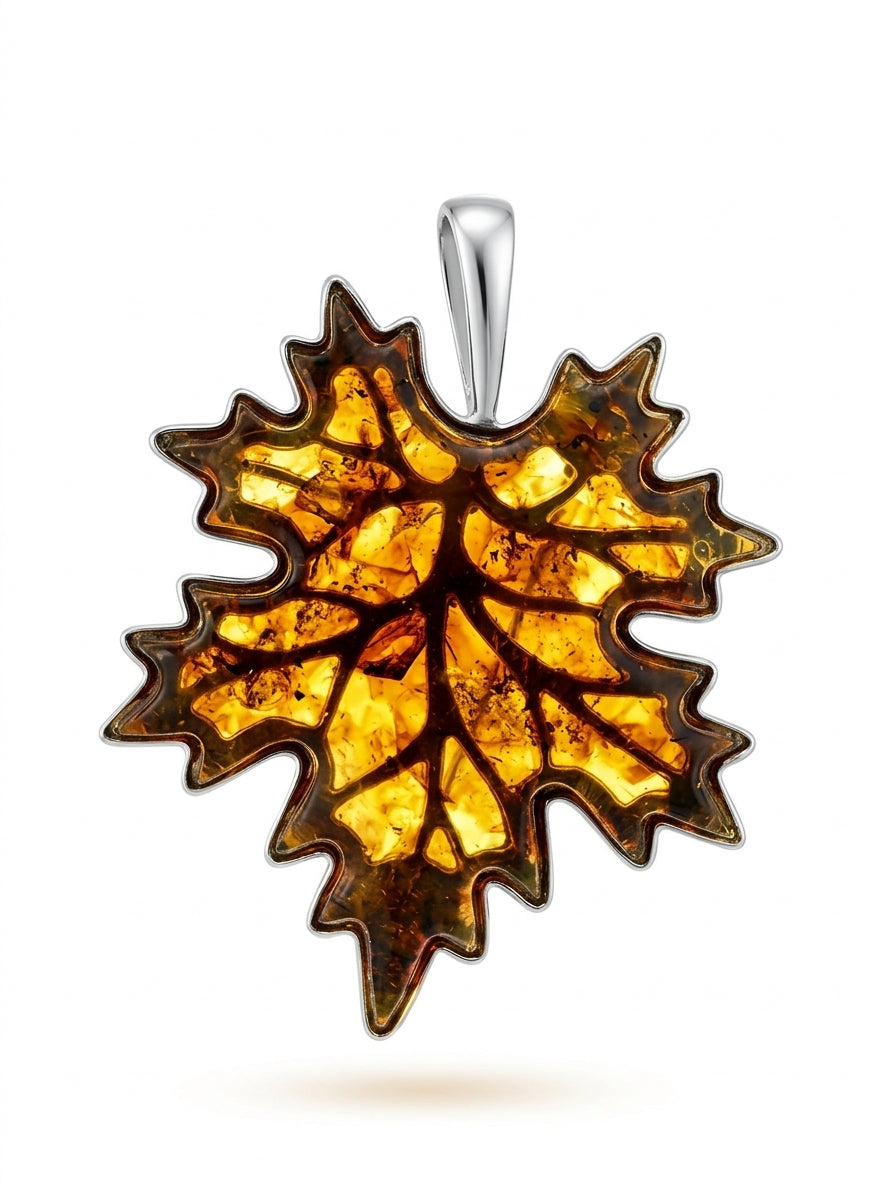Maple Leaf Cognac Amber Silver Brooch Pendant — DARVIN (Pre-Order)