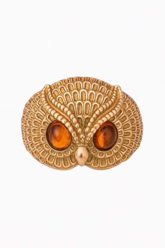 "Owl with Amber Eyes" – Sterling Silver Ring with Gold Plating