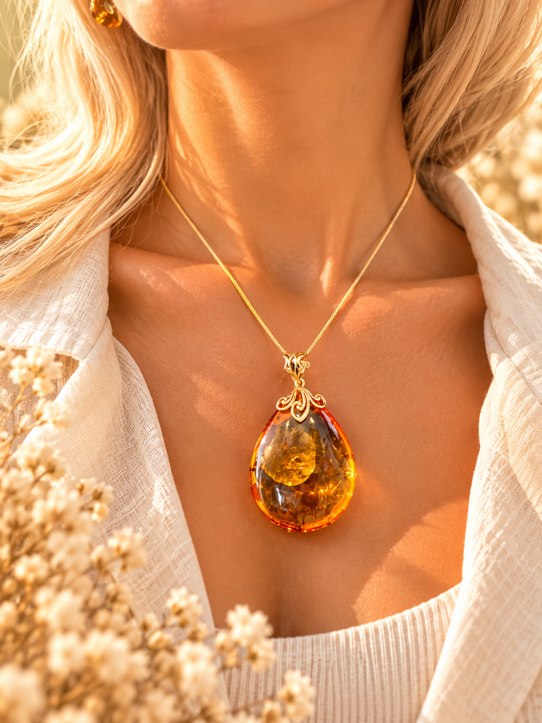 Amber Drop – Large Natural Baltic Amber Pendant with Chain