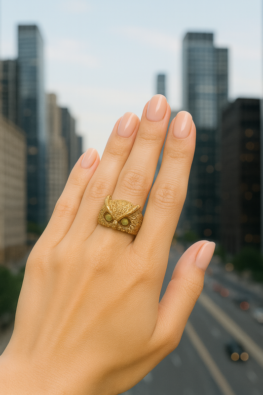 "Owl with Amber Eyes" – Sterling Silver Ring with Gold Plating
