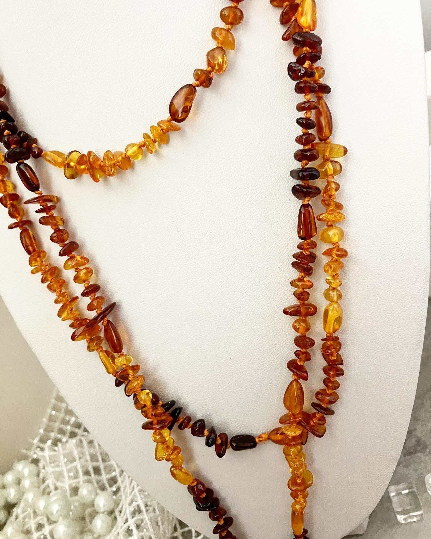 Long beads made of natural amber