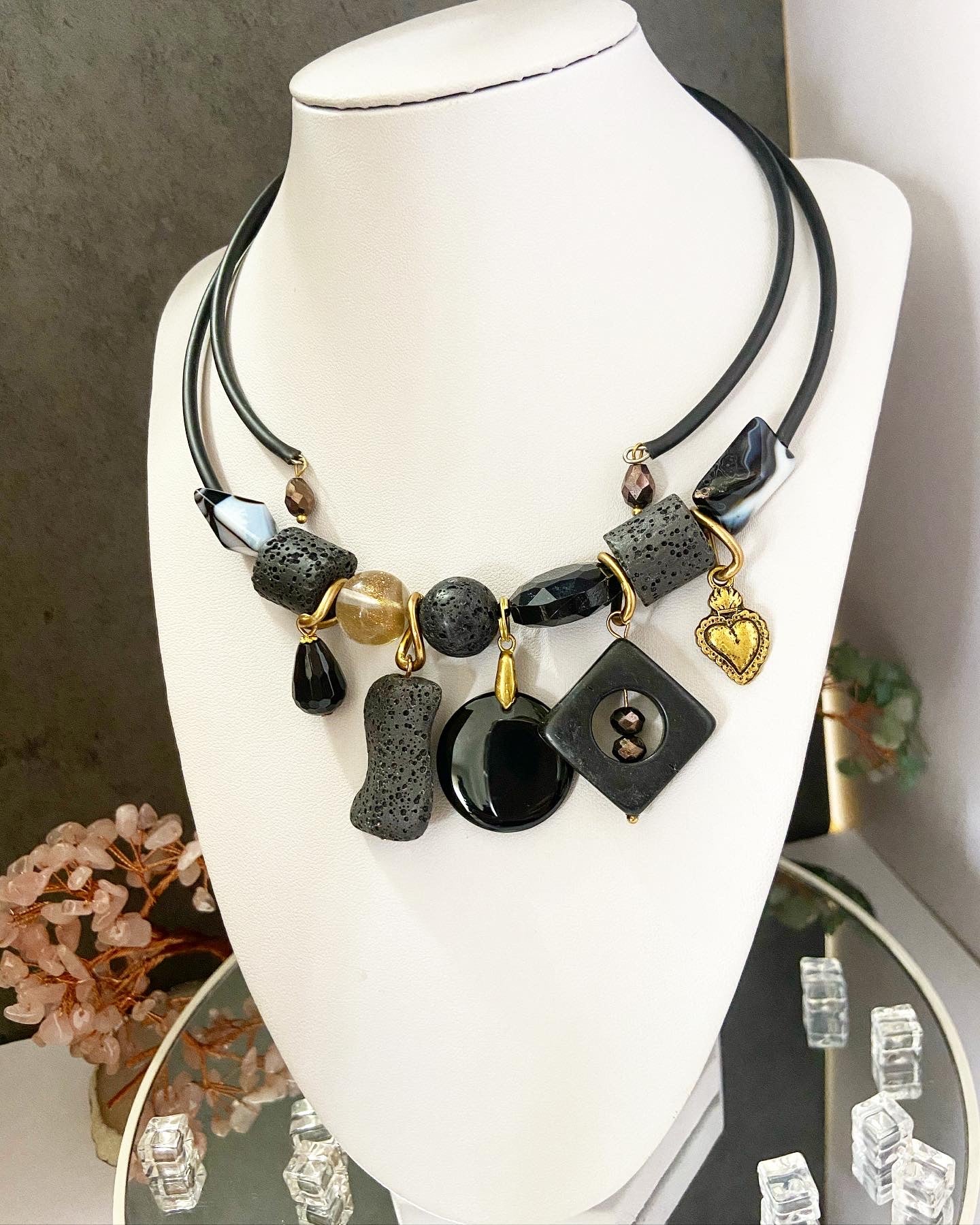 Necklace on rubber with volcanic lava