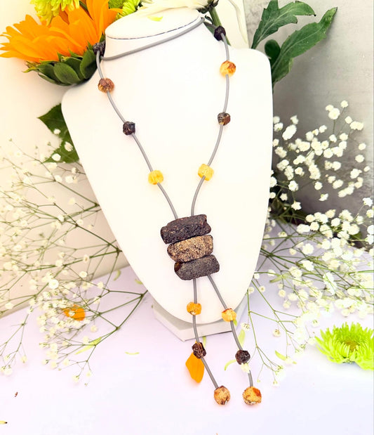 Amber & Rubber Necklace “Boho” – Handmade