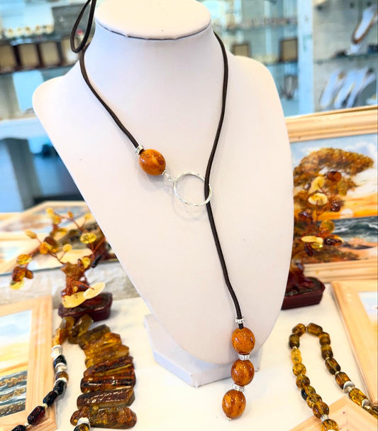 Boho Baltic Amber Pendant Necklace on Leather Cord