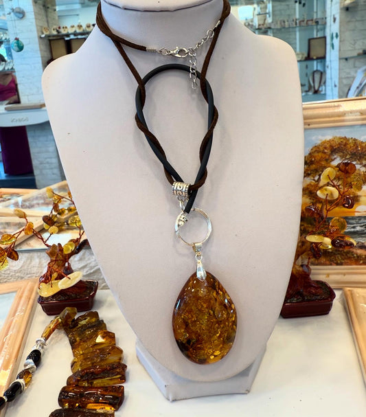 Boho Amber Pendant Necklace on Adjustable Leather Cord