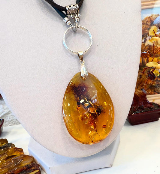 Boho Amber Pendant Necklace on Adjustable Leather Cord