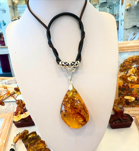 Boho Amber Pendant Necklace on Adjustable Leather Cord